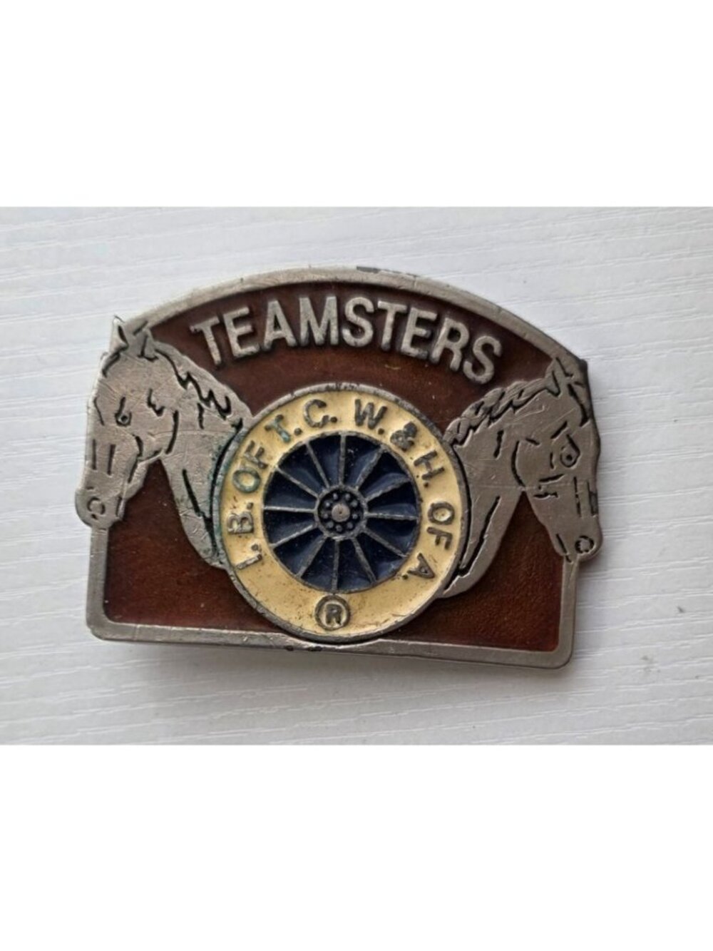 Vintage Teamsters Union Belt Buckle I.B. of T.C.W. & H. of A. Pewter Enamel #219